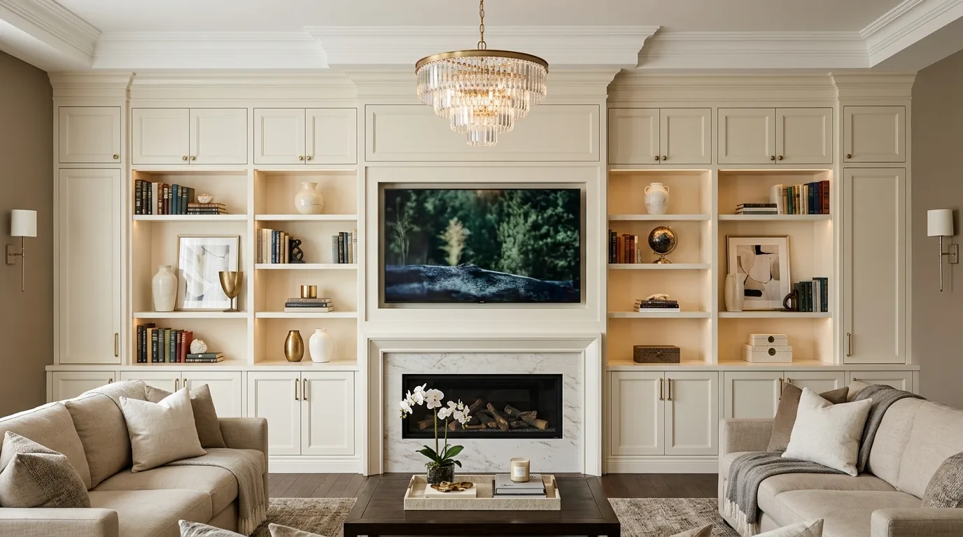 Elegant living room TV wall with creamy built-in cabinetry.