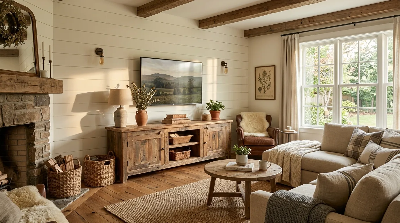 Rustic farmhouse living room with warm white shiplap TV wall.