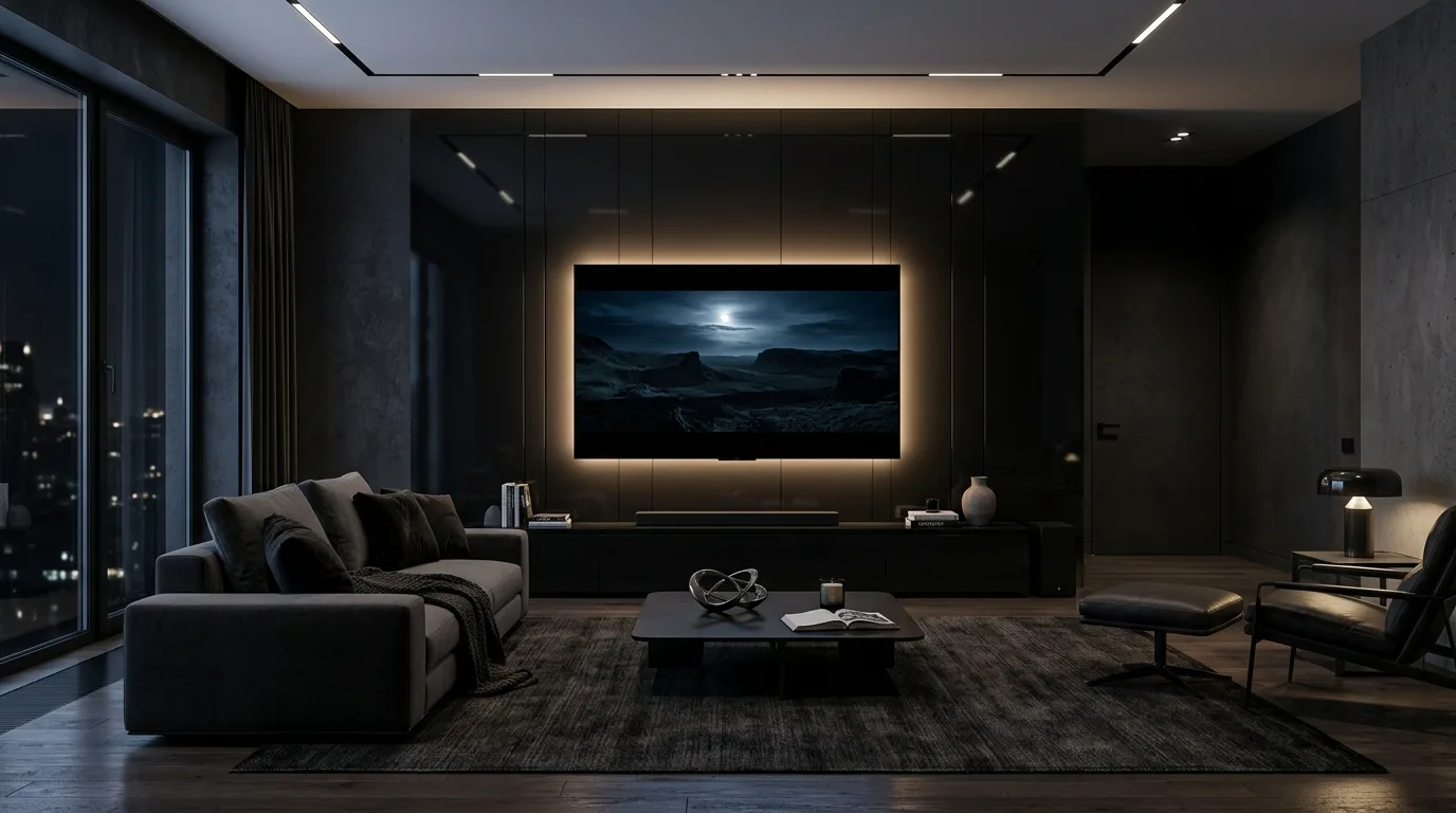 Ultra-modern black glossy TV feature wall with subtle backlighting.