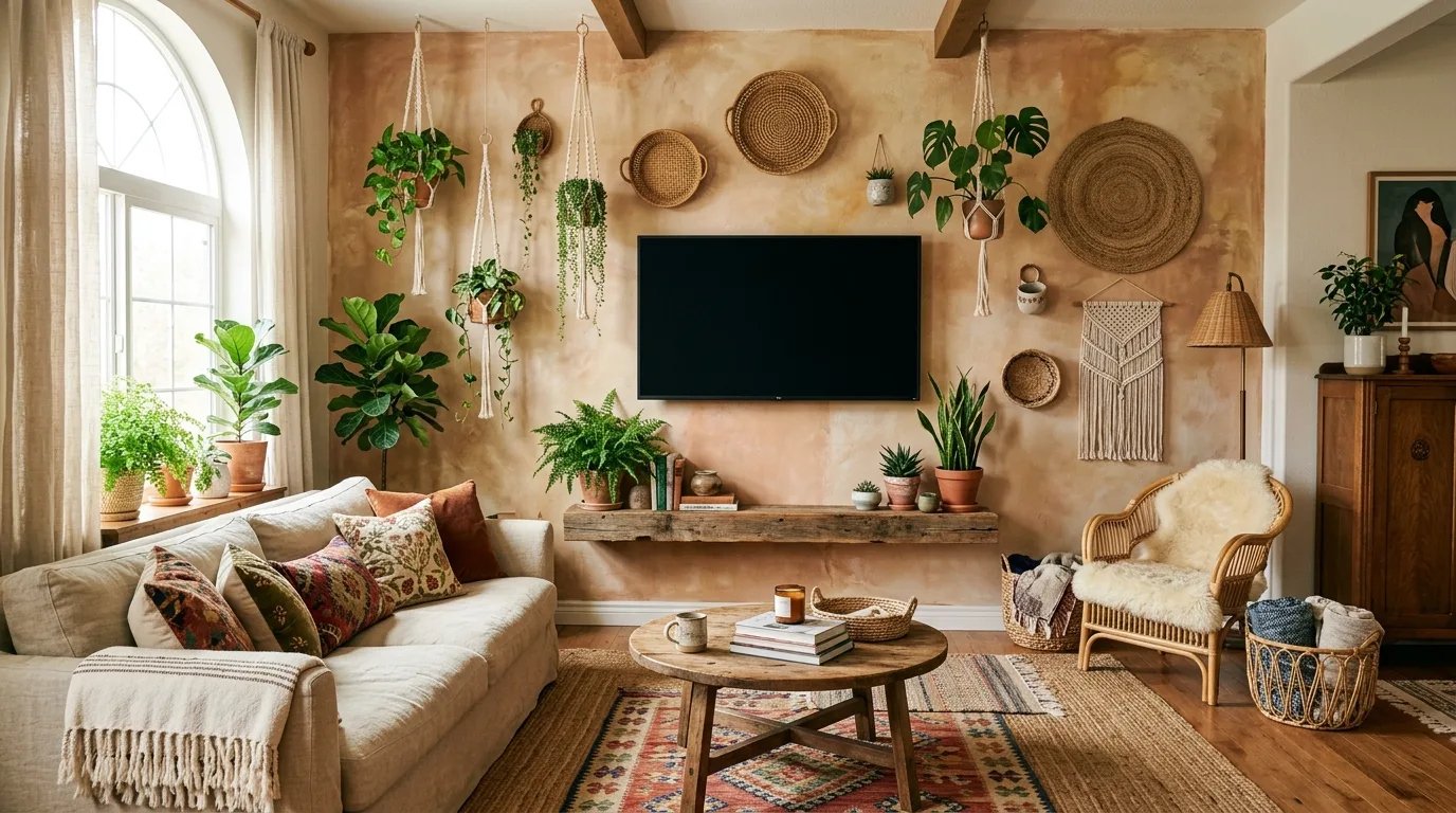 Bohemian living room with earthy textured plaster TV wall and hanging plants.