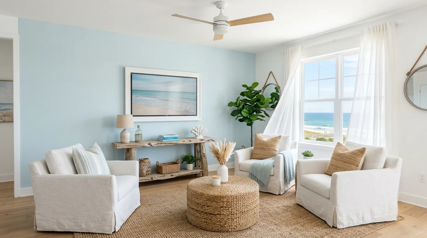 Coastal inspired living room with light blue TV accent wall.