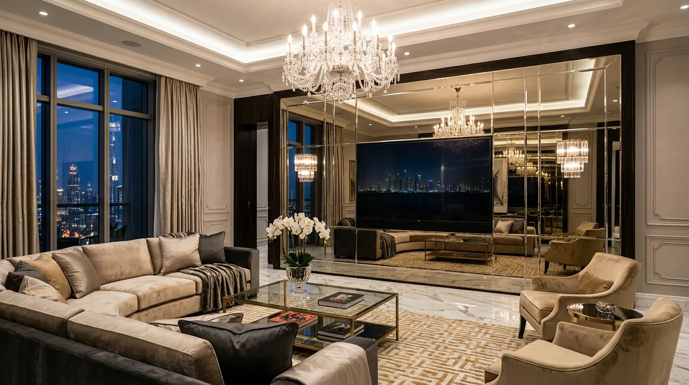 High-end luxury living room with mirrored TV wall panels.