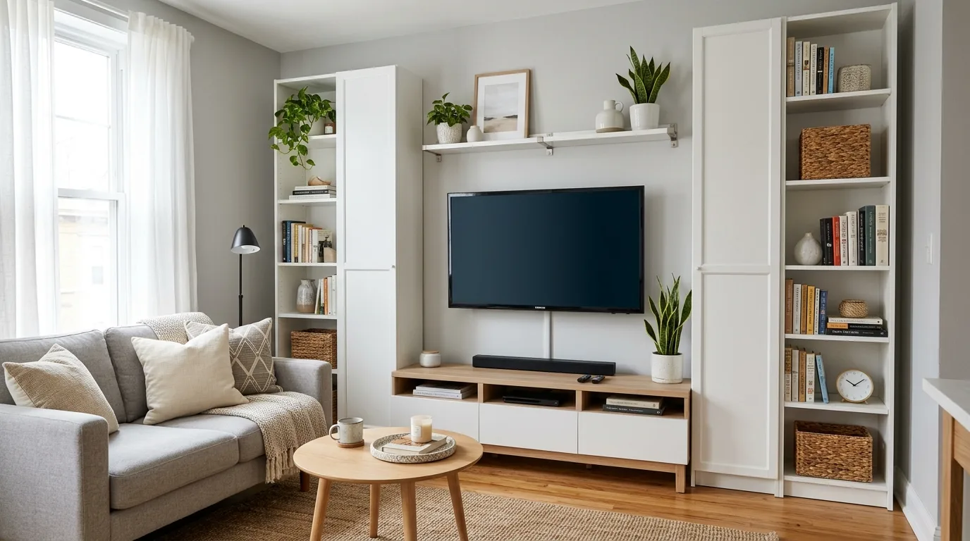 Small apartment living room with compact TV wall and vertical storage.