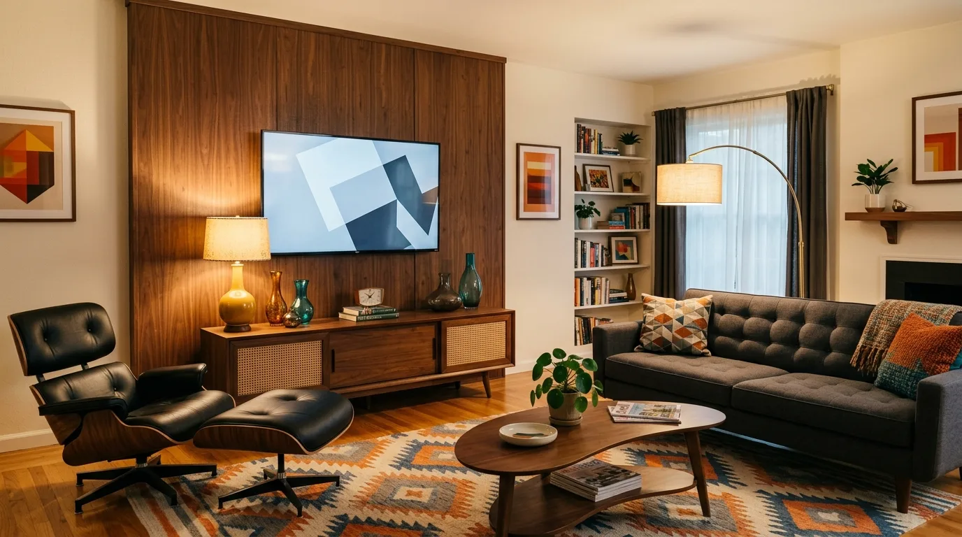 Mid-century modern living room with wood-paneled TV wall.
