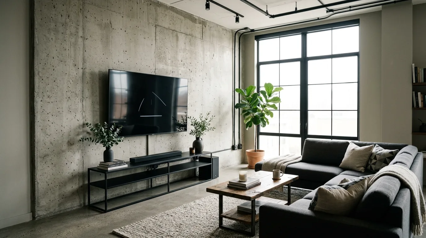 Contemporary living room with concrete textured TV wall.