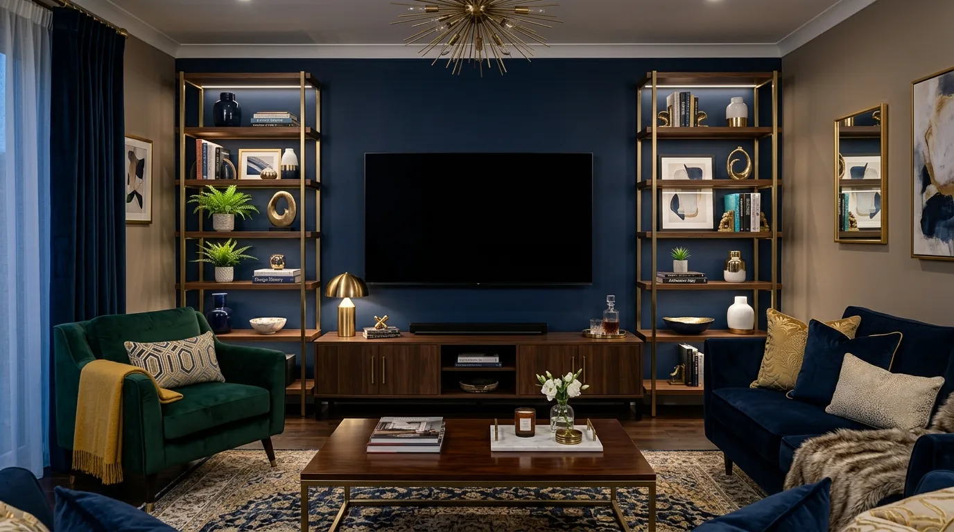 Statement living room with bold navy blue TV wall and gold shelving.